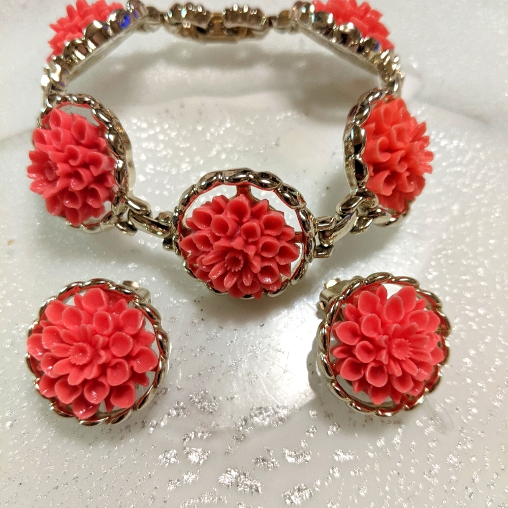 Vtg Emmons signed rare bracelet earring set carve